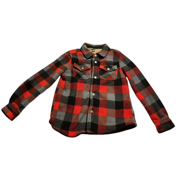 Eddie Bauer Fleece Jacket Sherpa Lined Snap Front Red Black Plaid Kids Size 6/7 - Picture 1 of 8